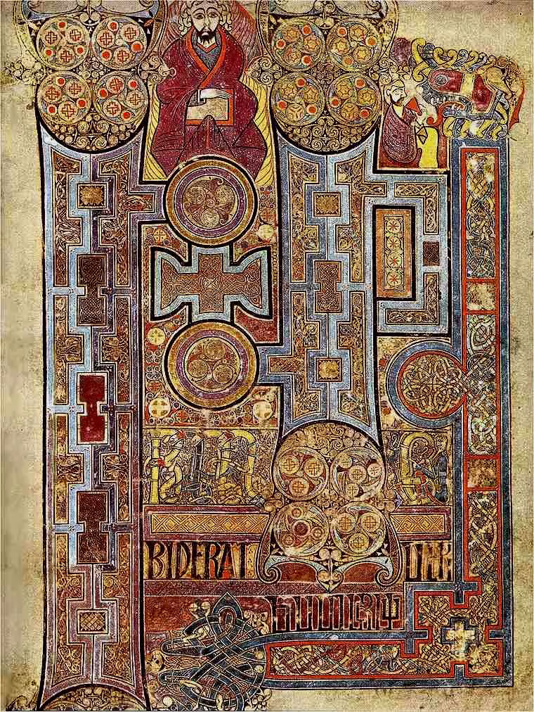 Illuminated page from the Book of Kells showing intricate Celtic knotwork and decorative text from the Gospel of John