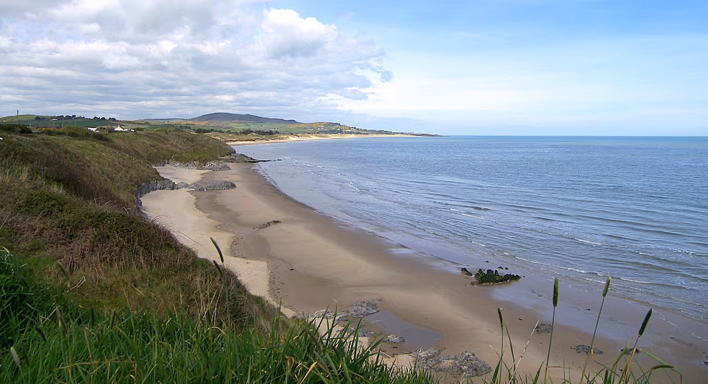 Looking north along Brittas Bay beach in County Wicklow, showing the full sweep of sand and dune-backed coastline