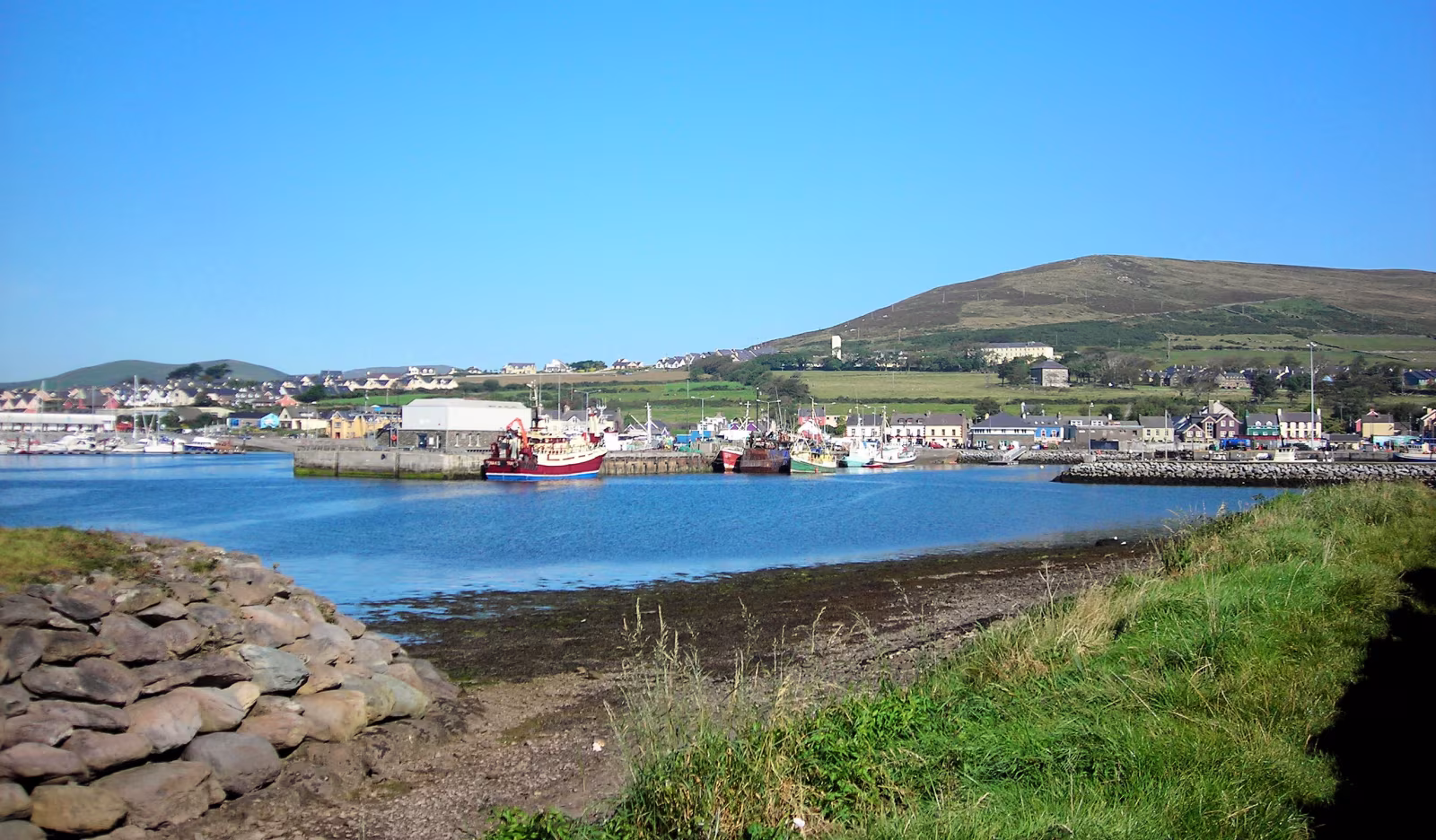 Dingle harbour with fishing boats moored and the town reflected in the sheltered water