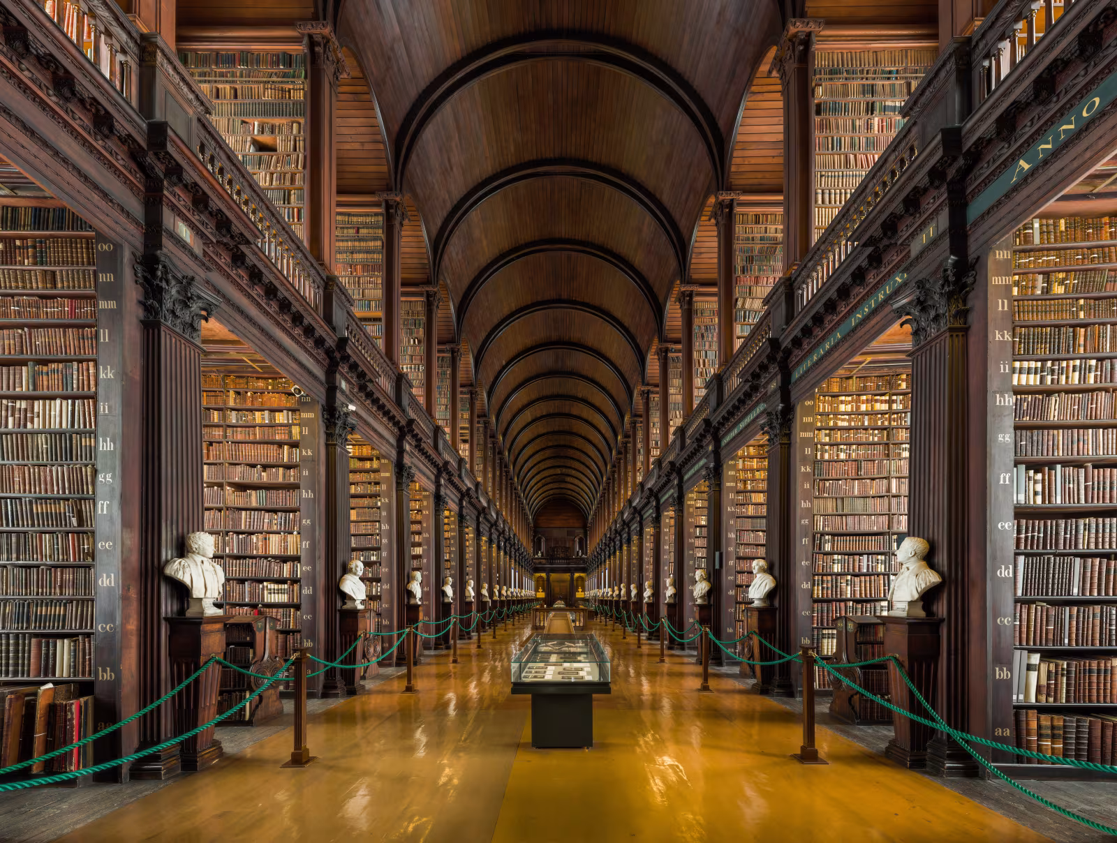 The Long Room at Trinity College Library, Dublin, with two storeys of dark wooden bookshelves, marble busts, and a vaulted barrel ceiling