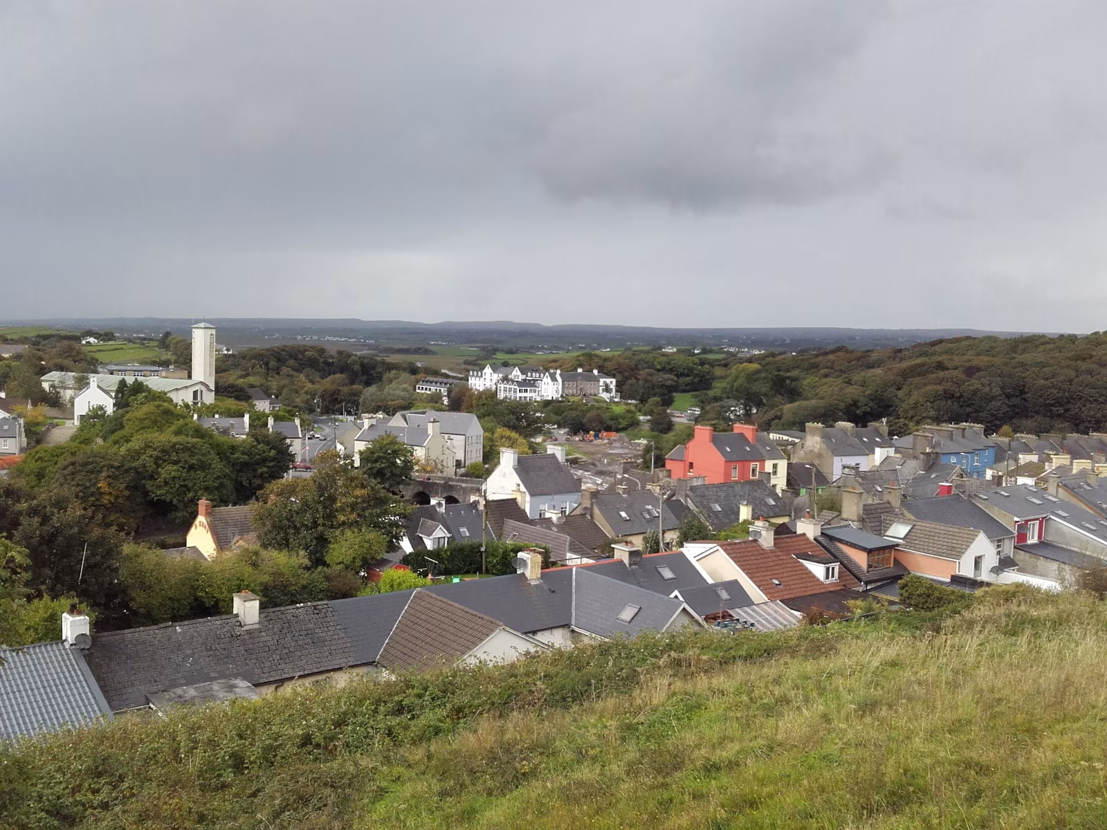 Aerial view of Ennistymon town in County Clare, with the Inagh River valley and surrounding countryside