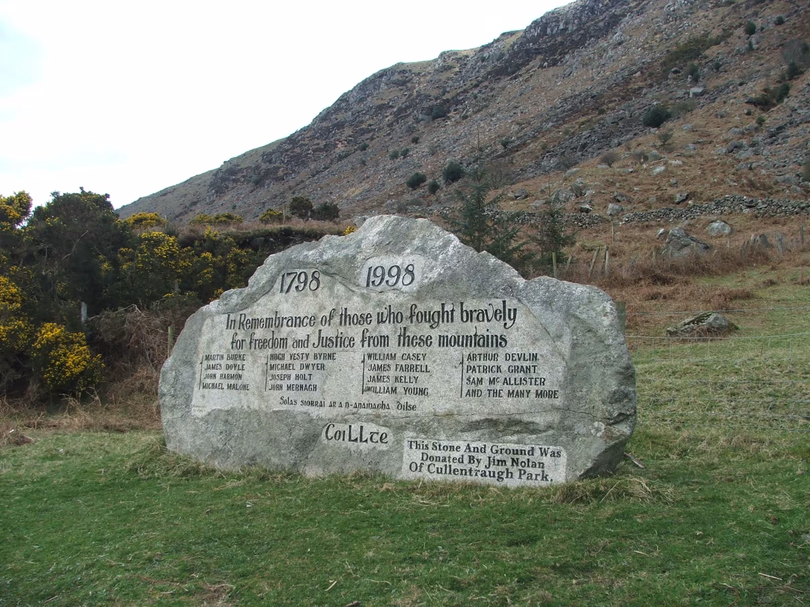 The Glenmalure Battle Memorial stone in County Wicklow, a flat slab commemorating the 1580 defeat of English forces in the valley