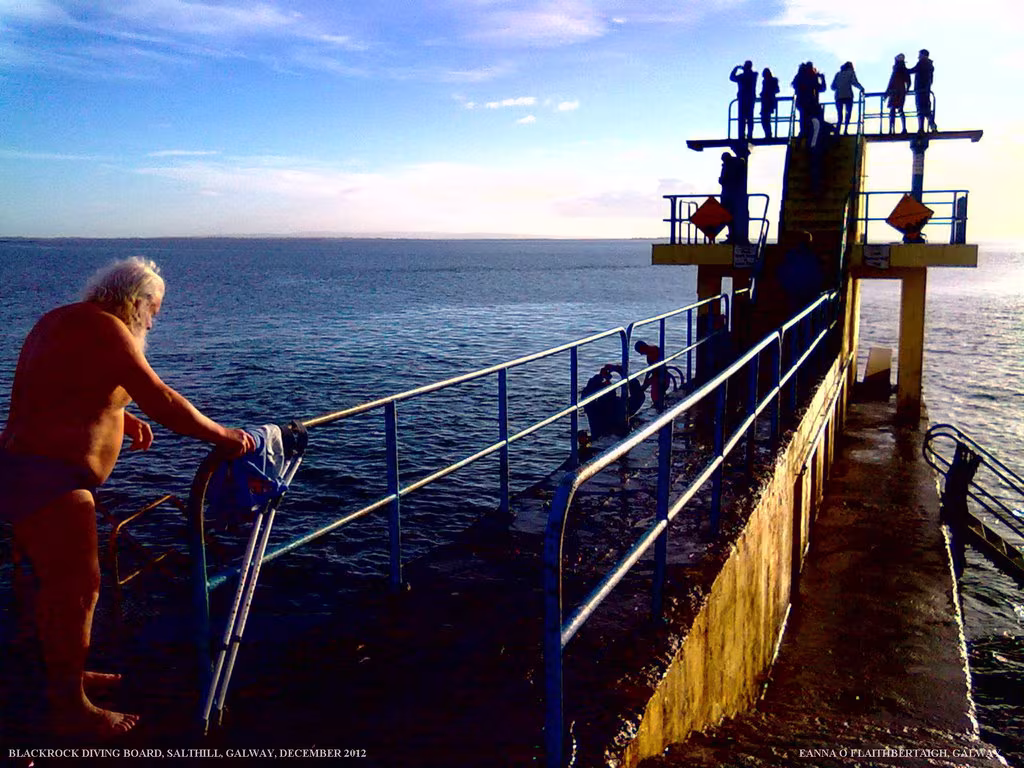 The Blackrock diving tower at Salthill, a concrete platform structure at the edge of Galway Bay