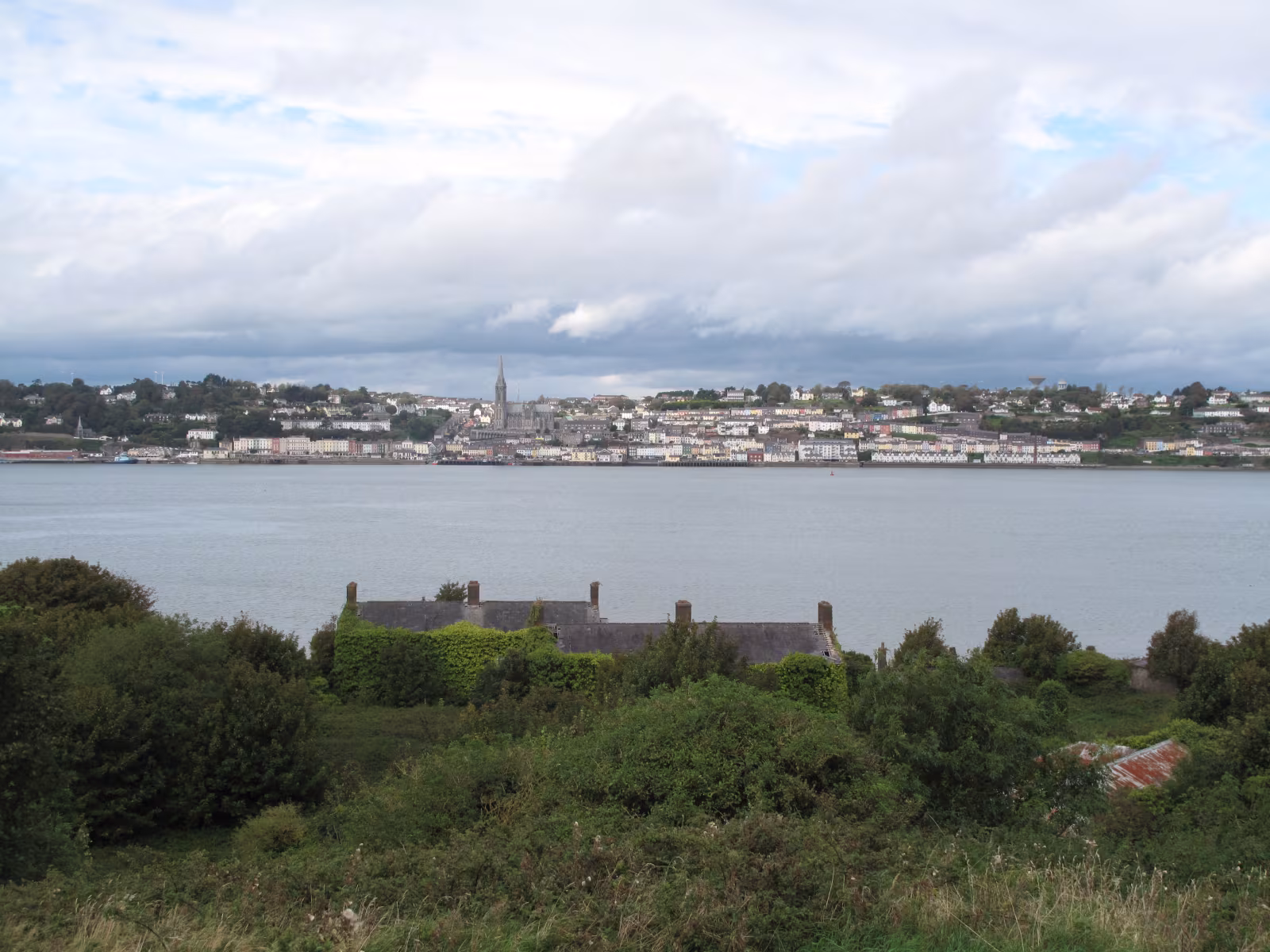 View from Spike Island across Cork Harbour toward the town of Cobh with its cathedral and coloured houses