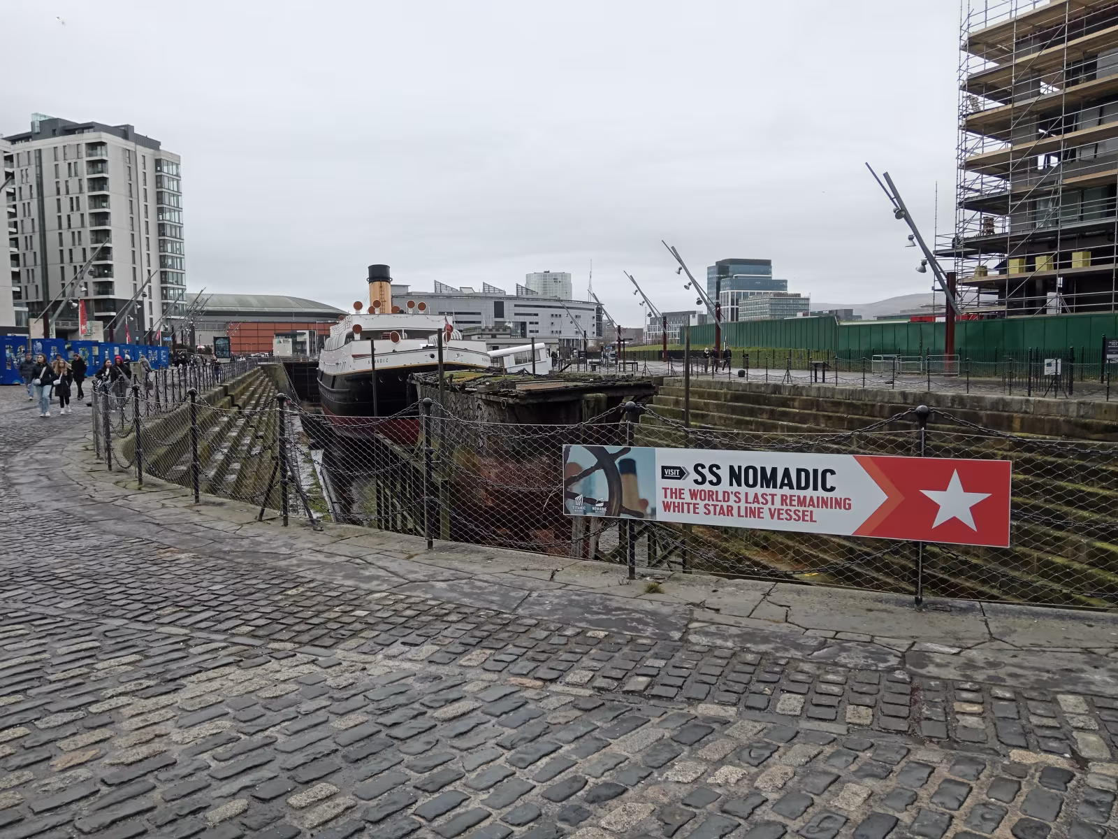 The SS Nomadic, a small White Star Line tender ship, moored in the Hamilton Dock at Belfast's Titanic Quarter