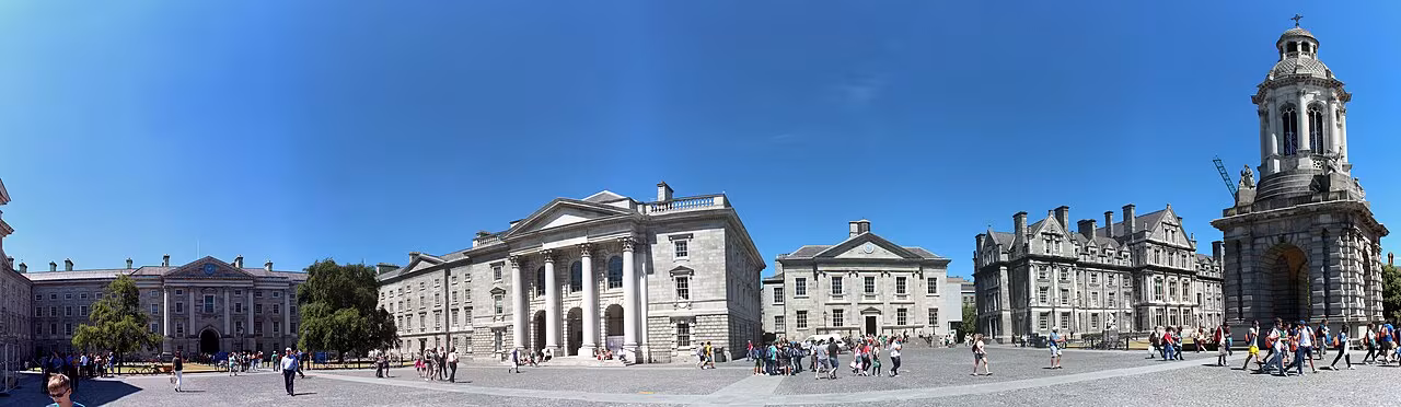 Trinity College Dublin Front Square panorama showing the 1853 Campanile bell tower and the historic stone college buildings