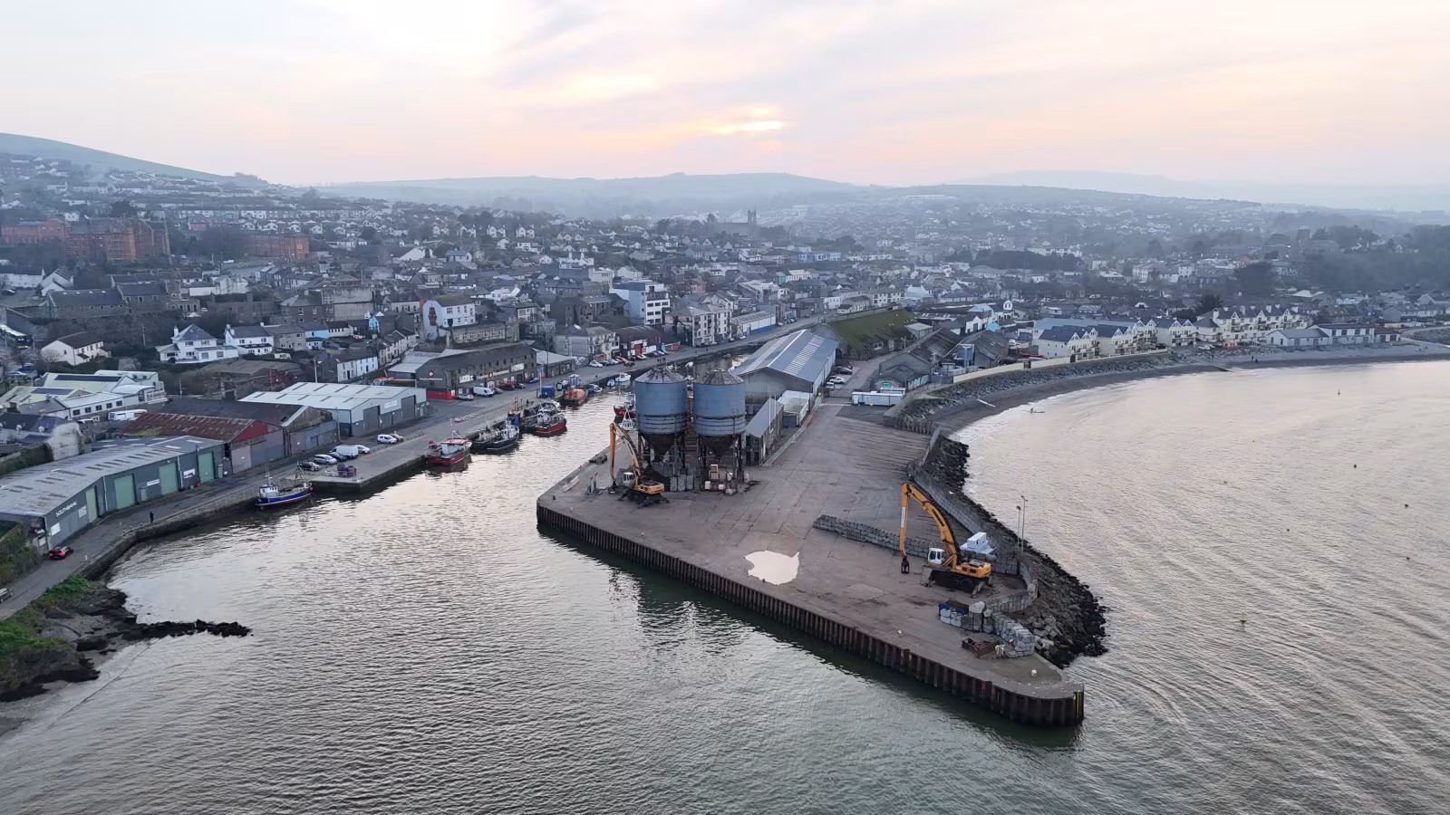 Wicklow harbour and town from the air, with the Irish Sea beyond
